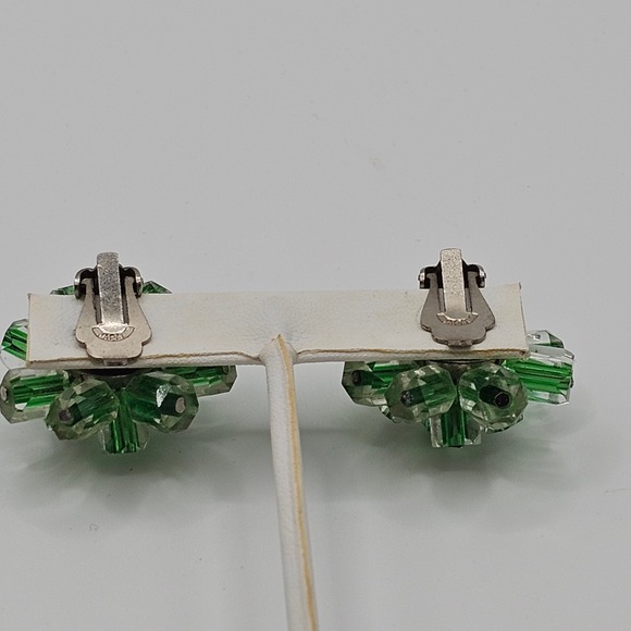Vtg Mid-Century Atomic Starburst Green Stripe Glass Cluster Clip Earrings Japan - Picture 11 of 13
